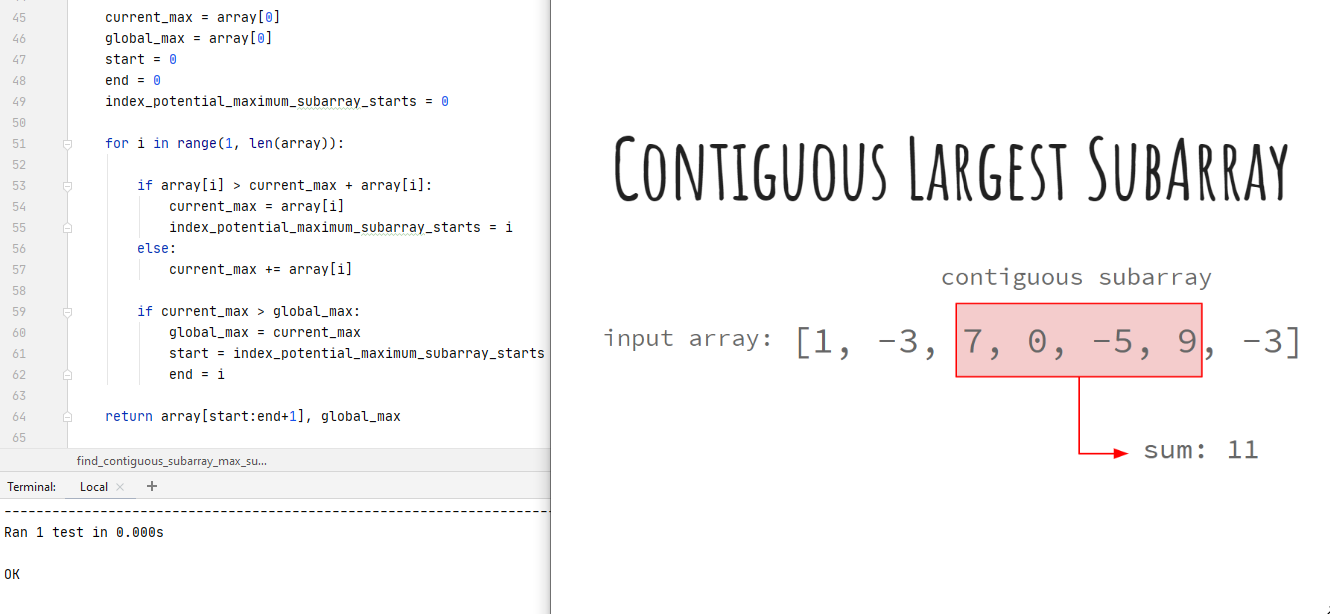 Dynamic programming to identify contiguous subarray with maximum sum